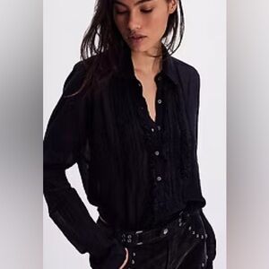 EUC Free People One 100% Cotton Gauzy Black Frilly Women's Button Up Top Medium